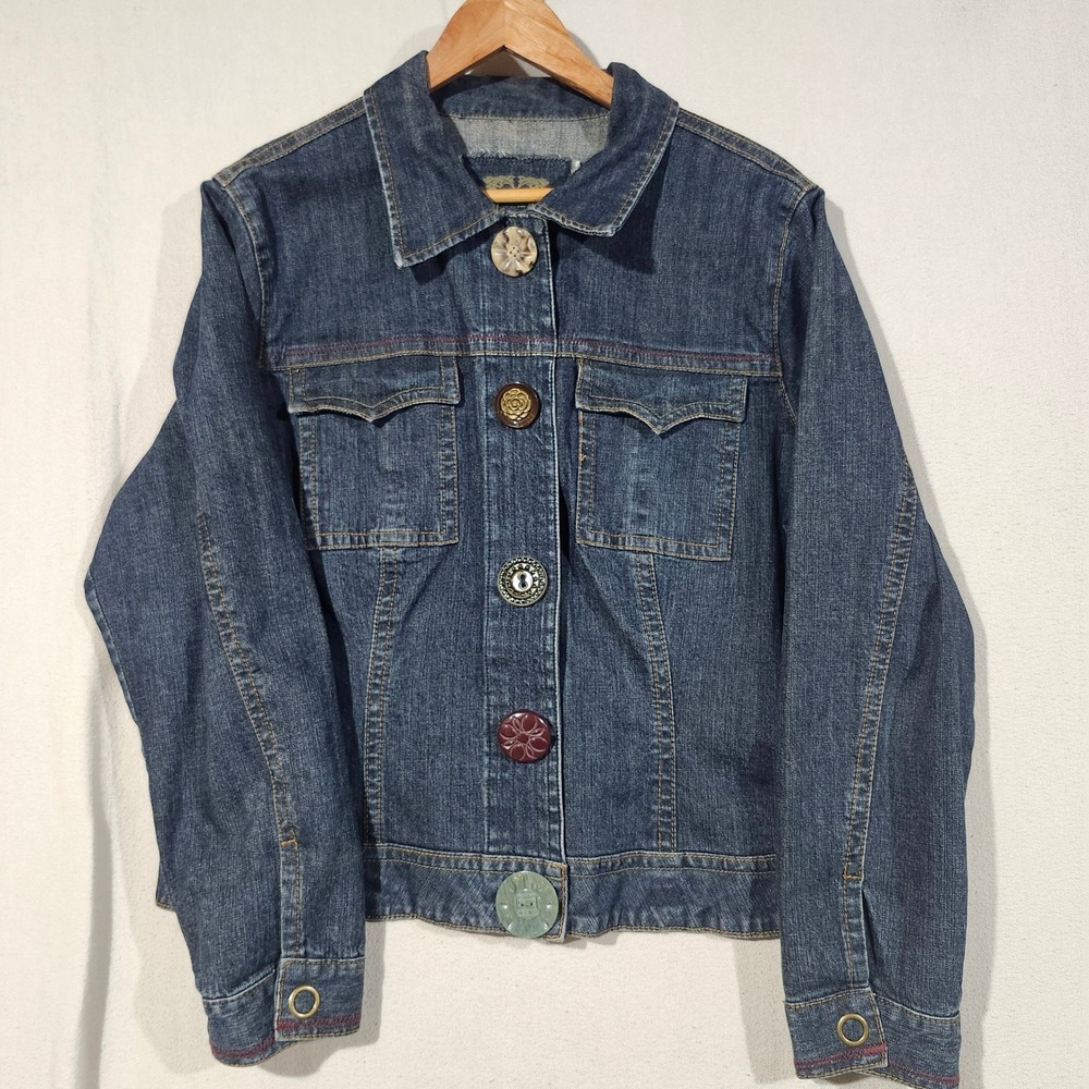 Cabi Womens XL Dark Wash Denim Jacket Mismatched Buttons Eclectic Boho Trucker